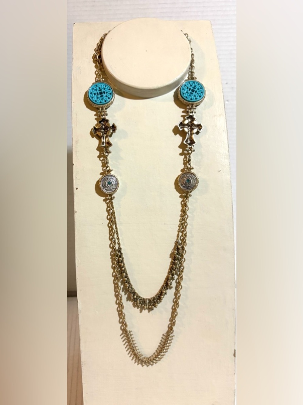 Fashion Jewelry Turquoise and Silver Multi-Layer Cross Necklace